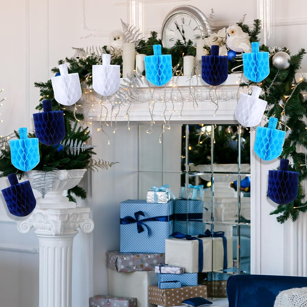 Hanukkah Decorations Garland 5.5'' Blue White Dreidels Honeycomb Ornaments Chanukah Hanging Decor for Hanukkah - Set of 12