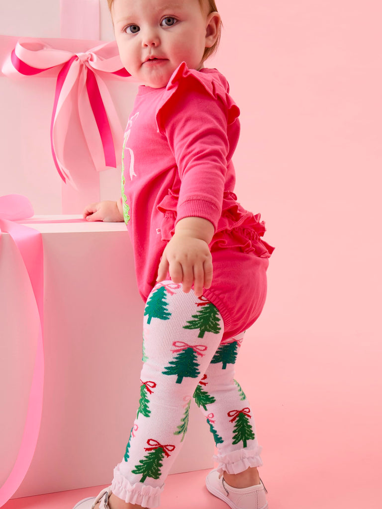 Baby Girls Patterned Footless Ruffled Tights - Ruffle Tights - Christmas Tree Bows