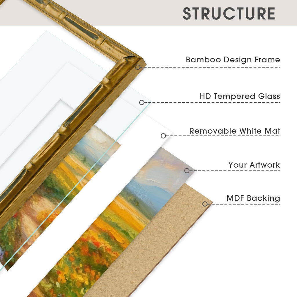 11x14 Gold Vintage Bamboo Frame for 8x10 Photo, Solid Wood