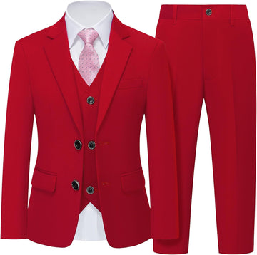 Boys 5 Piece Slim Fit Suit Set, Solid Formal Dresswear of Jacket Vest Pants Shirt and Tie