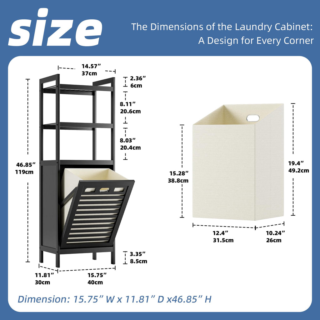 Tilt Out Laundry Hamper, Bamboo Bathroom Cabinet with Pull Out Removable Bag and 3 Tier Storage Shelves, 10 Gal