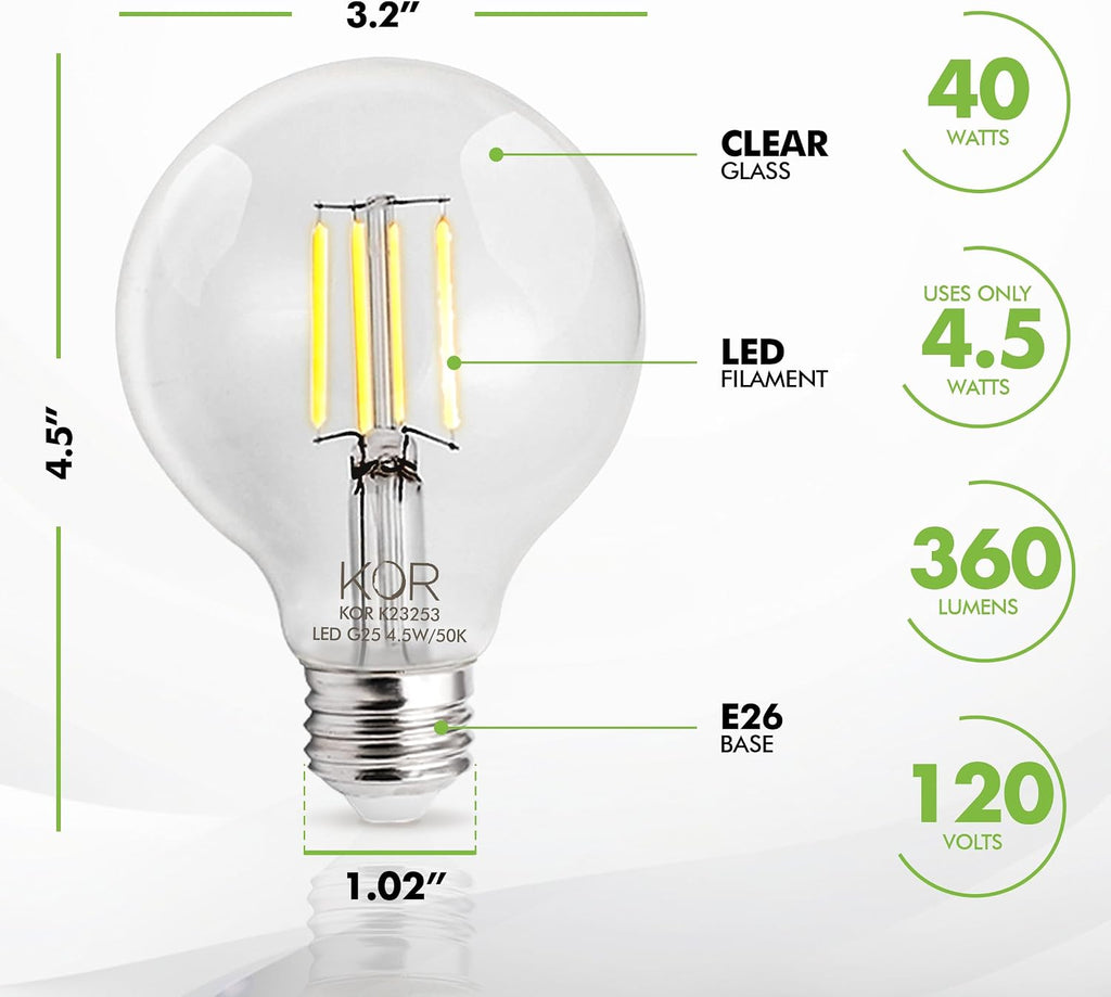G25 LED Globe Light Bulbs, 40W Equivalent, 5000K, Dimmable, 4-Pack