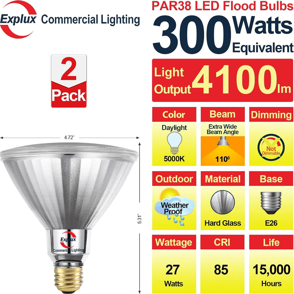 Ultra Bright PAR38 Outdoor Flood Light, 300W Equivalent, 5000K, 2-Pk