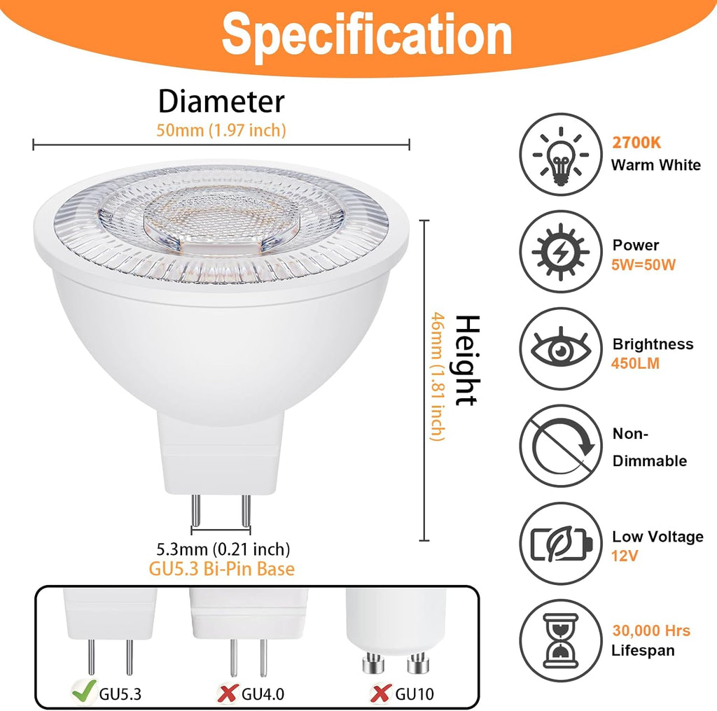 MR16 LED Bulbs 50W Halogen Equivalent, 2700K Warm White, 5W MR16 GU5.3 Bi-Pin Base 12V Low Voltage Spotlight Bulb