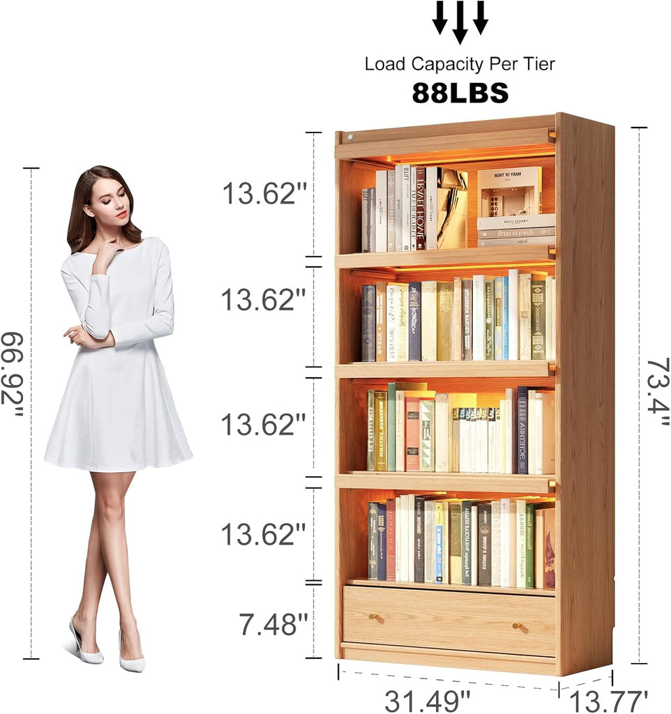 73" H Tall Solid Wood Bookcase with Flip-Up Tempered Glass Doors and 3 Color Led Lights,4 -Tier Wooden Bookshelf with