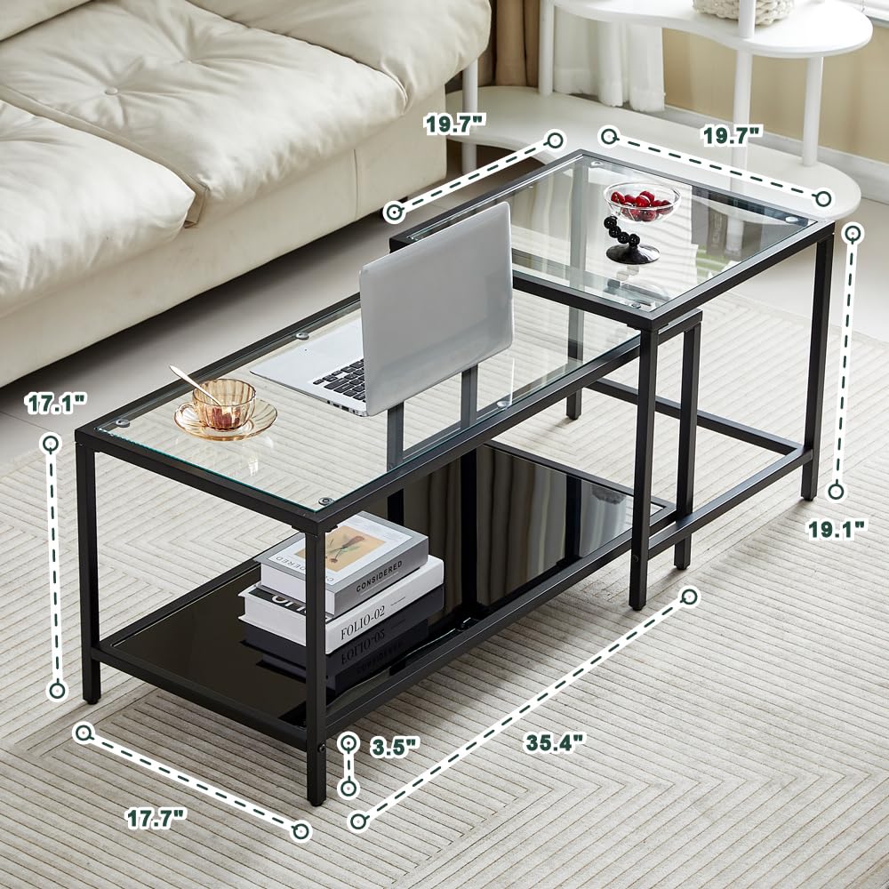 Coffee Nesting Set of 2, Center Coffee Set with Tempered Glass, Modern Side Tables and Nightstand, Black