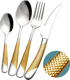 16-Piece Hammered Silver Gold Silverware Set, Modern Golden 18/10 Stainless Steel Flatware Set