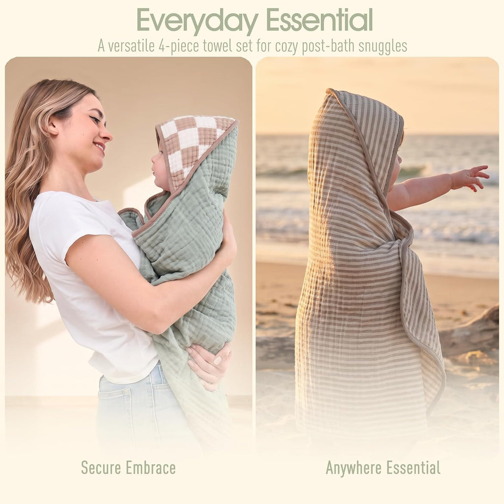Muslin Baby Bath Towels Set Organic Cotton Blend (Earthy Matcha)