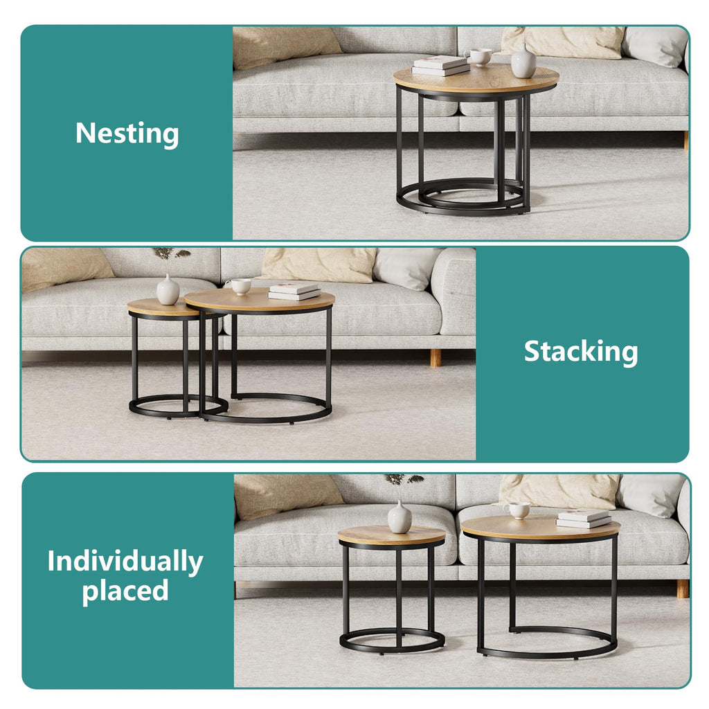 Nesting Coffee Set of 2, 23.6" Round Coffee Brown Wood with Adjustable Non-Slip Feet, Industrial End Side Tables
