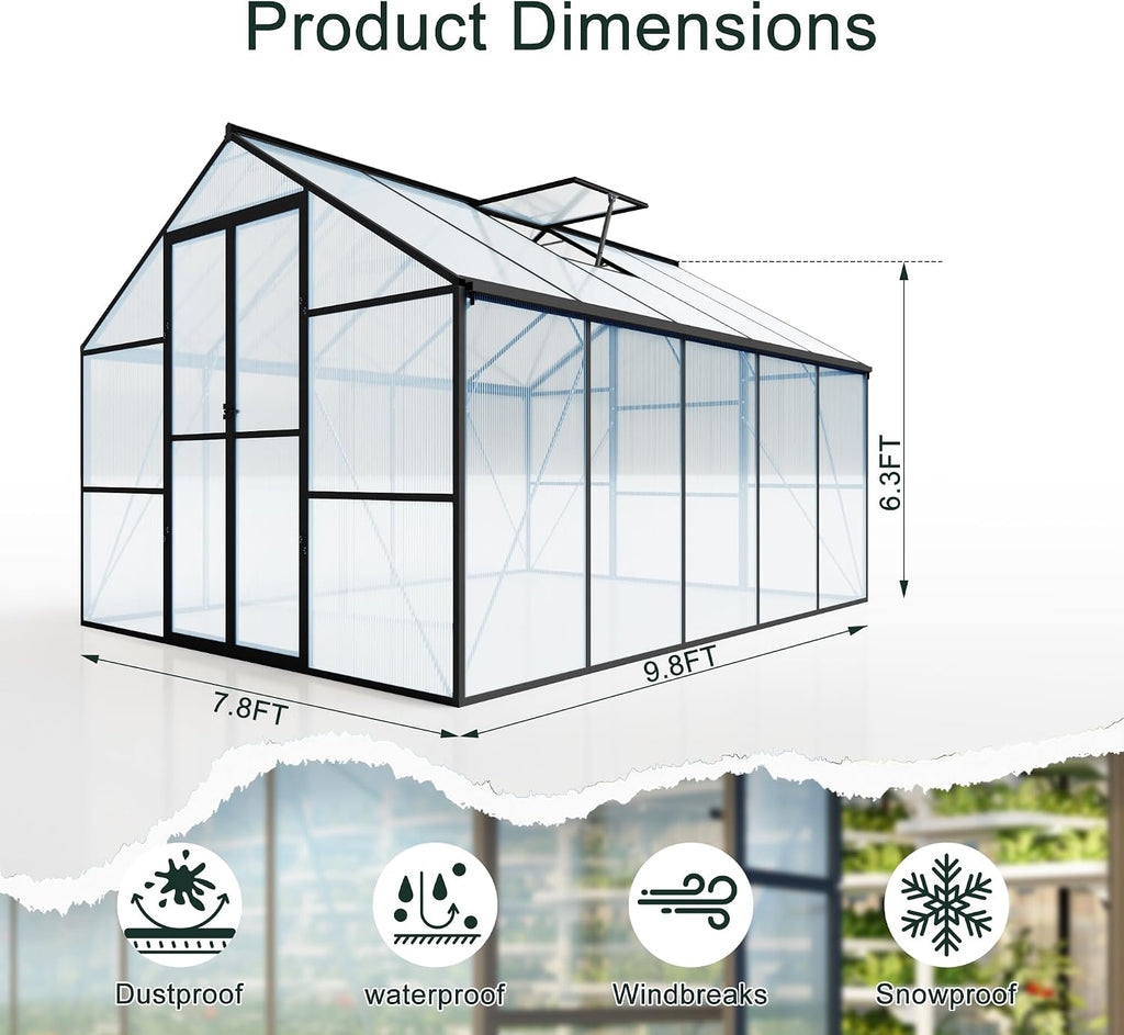 8X10 FT Walk-in Greenhouse, Heavy Duty Large Greenhouses for Outdoors | Aluminium Frame Polycarbonate Garden