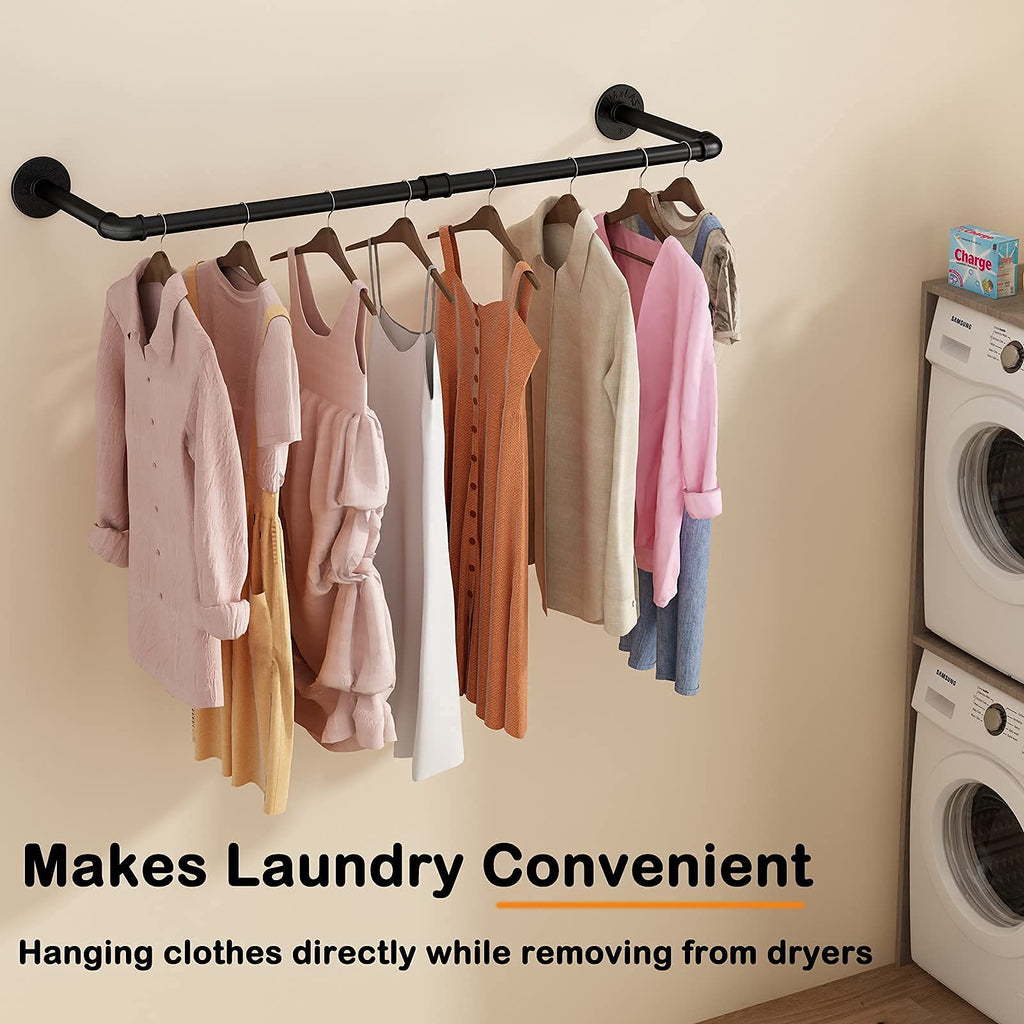 Wall Mounted Clothes Rack 38.4in, Industrial Pipe Wall Mount Clothing Rack, Heavy Duty Iron Garment Racks, Space