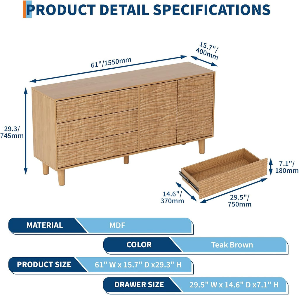 61" Wood Modern Sideboard Buffet Cabinet with Undulating Fluted Design, 3 Drawers & 2 Doors Kitchen Storage Cabinet