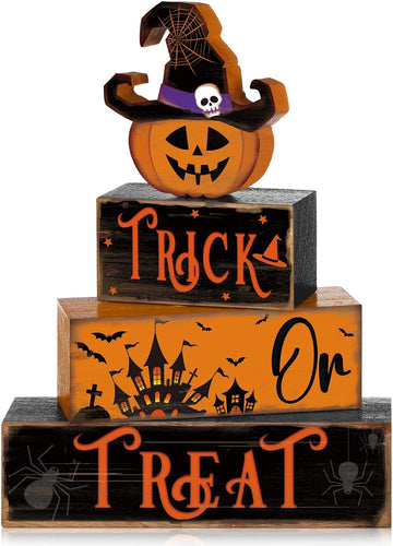 Halloween Table Decor Pumpkin Hat Wooden Sign Centerpiece - Set of 4
