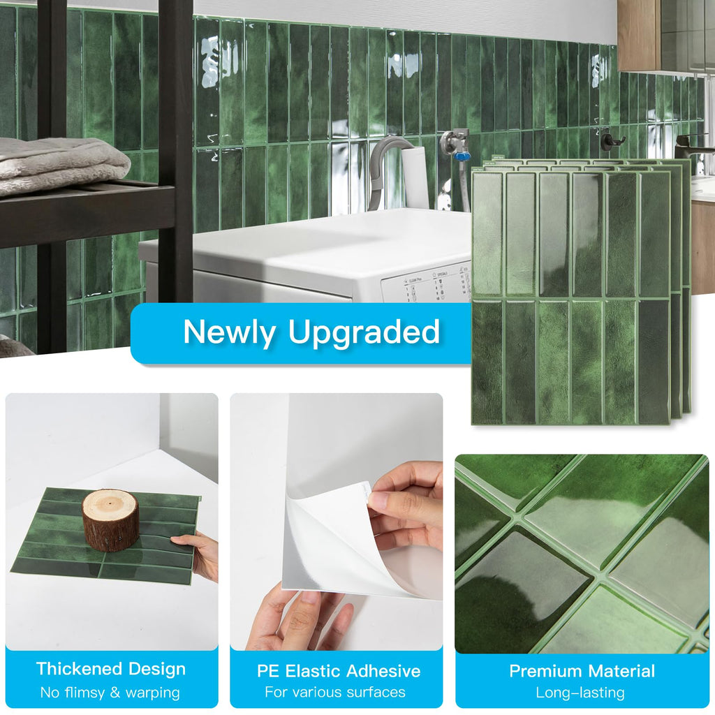 Subway Tile Peel and Stick Backsplash, 10-Pack, 11.4" x 9", Green