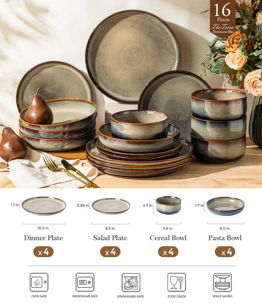Ceramic Dinnerware Set for 4, 16-Piece Plates and Bowls Set
