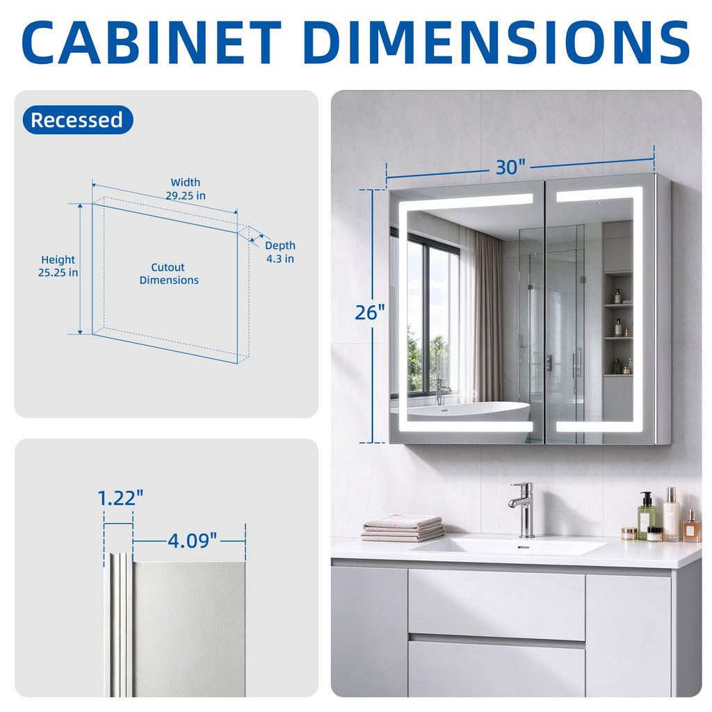 LED Bathroom Medicine Cabinet Mirror with Lights, 30'' x 26'' Aluminum Frame with Sockets & USBs, Anti-Fog Dimmable