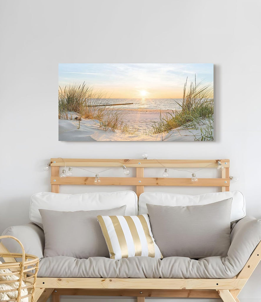 Canvas Wall Art Beach Picture: Coastal Sunset Painting Decor Ocean Seascape Artwork Sea Seaside Dunes Grass Print