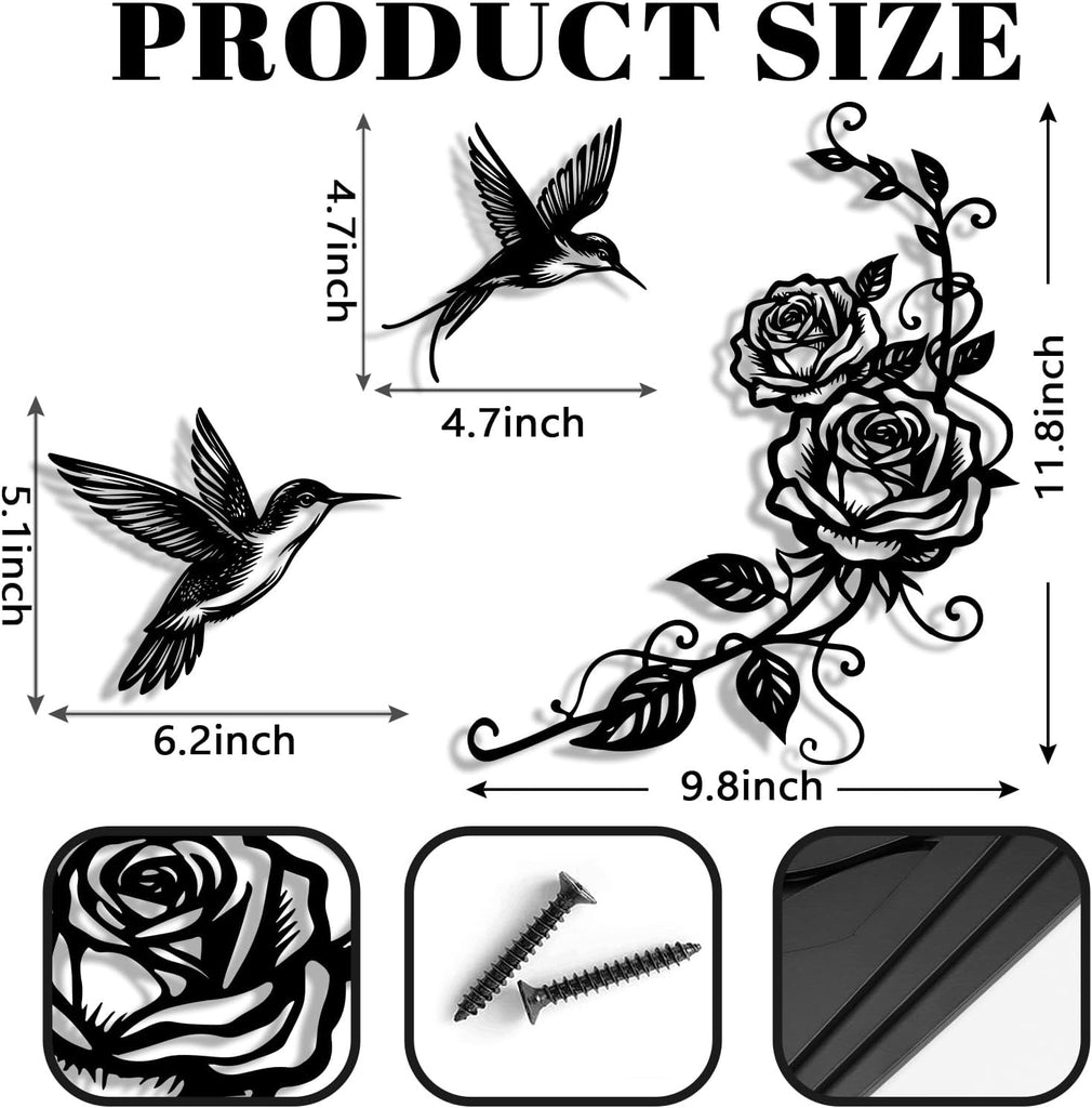 Flowers and Birds Metal Wall Art Black Hummingbird Rose for Modern Farmhouse Living Room Bedroom Bathroom - Set of 3