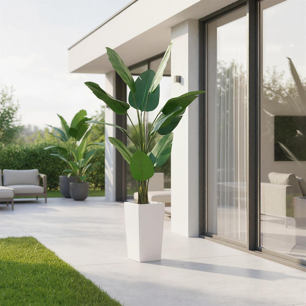 4.8FT Artificial Banana Tree, Fake Potted Tropical Tree, Decorative Evergreen Tropical Plant with White Tall Planter