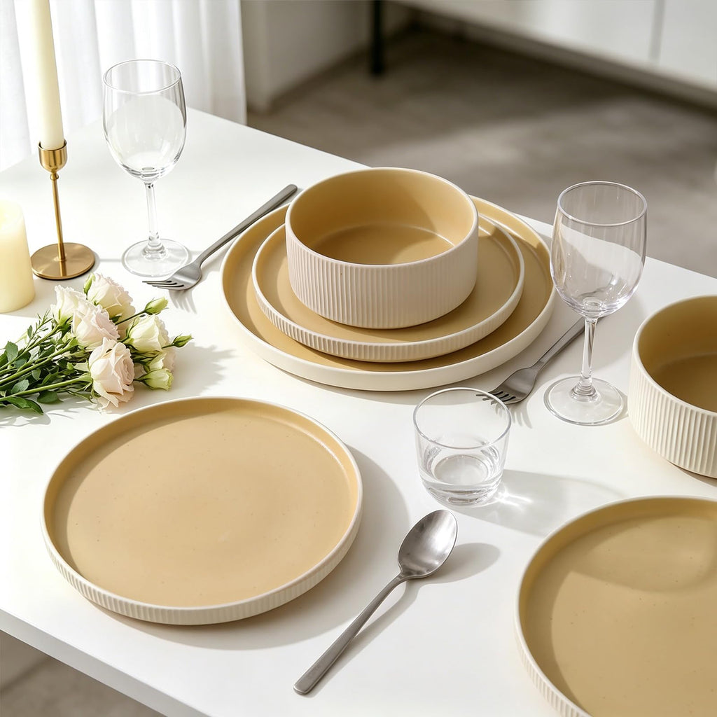 18PCS Ceramic Dinnerware Set for 4, Stoneware Plates and Bowls Sets