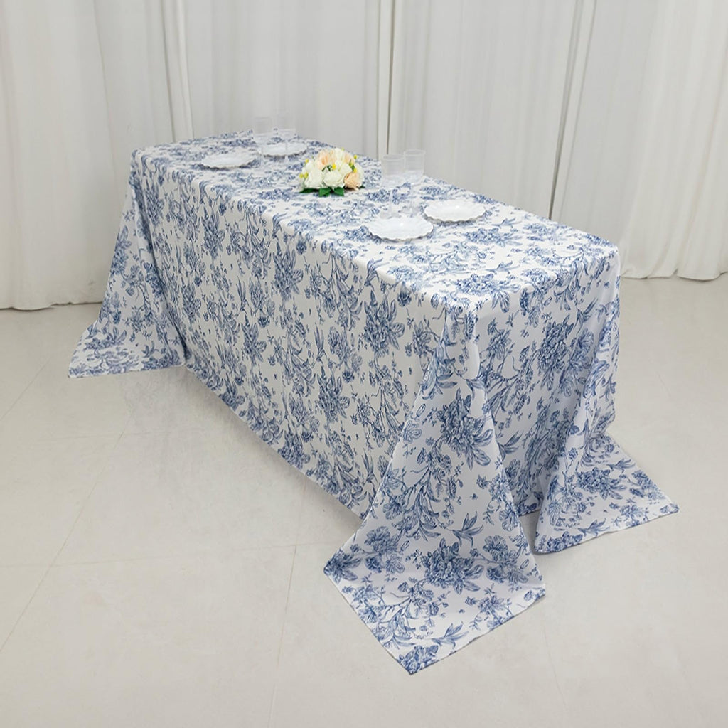 90"x132" White with Blue French Toile Pattern Wholesale Linens Polyester Tablecloths Banquet Linen Wedding Party