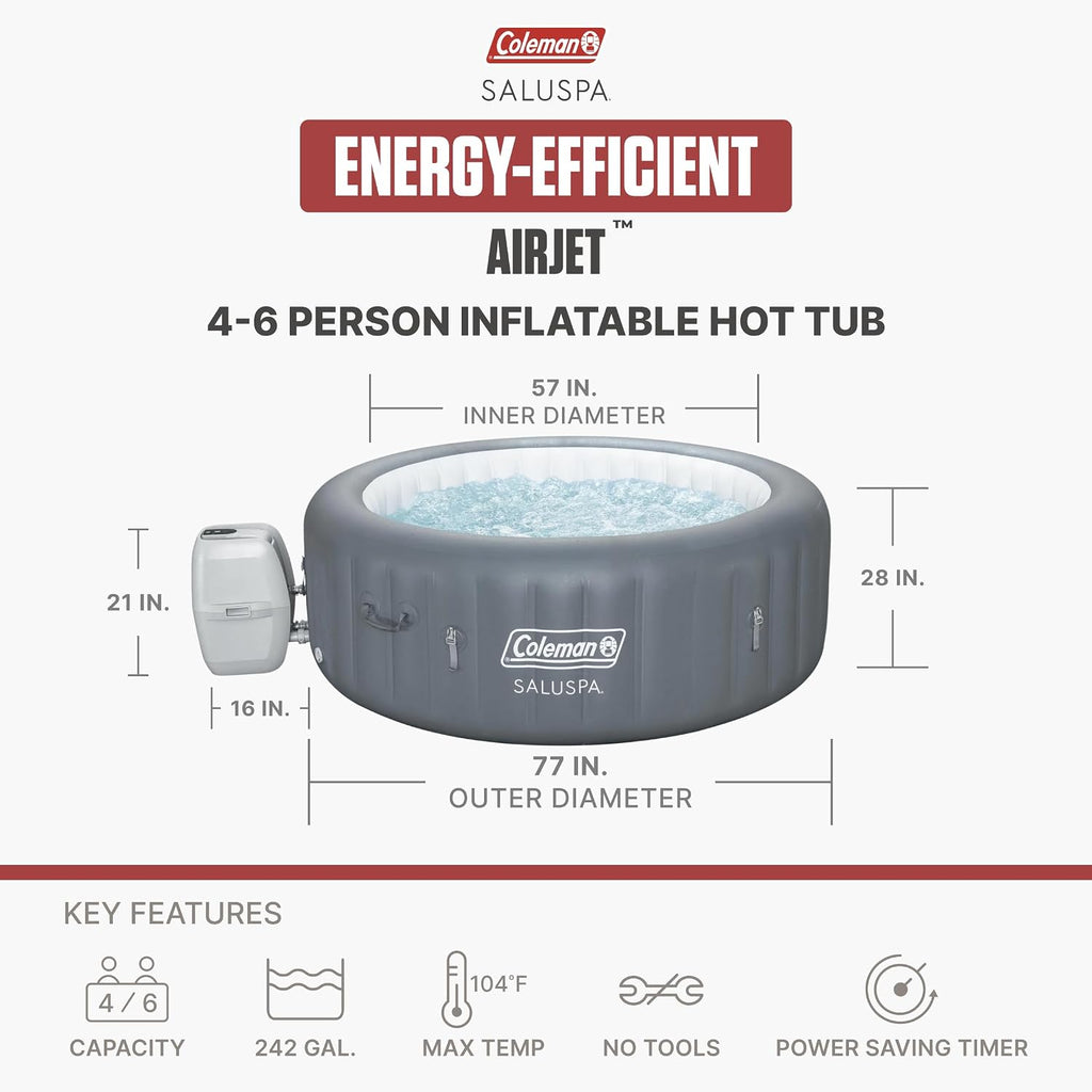SaluSpa 4-6 Person AirJet Inflatable Hot Tub w/EnergySense Cover, 77"x28" Bundled w/SaluSpa Drink Holder, Spa Side