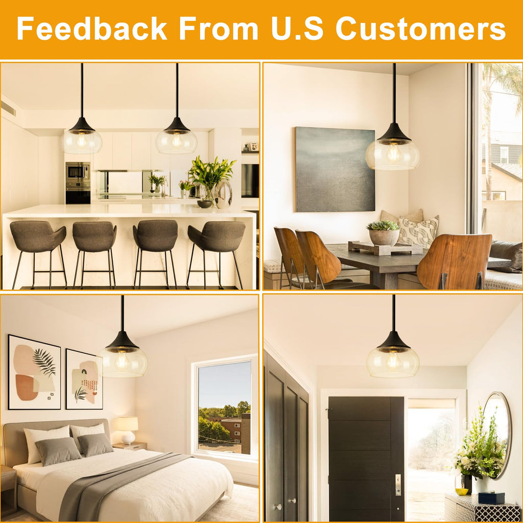 2 Pack Pendant Lights Kitchen Island, Modern Black Pendant Light Fixtures with 8.5" Clear Glass Shade, Industrial