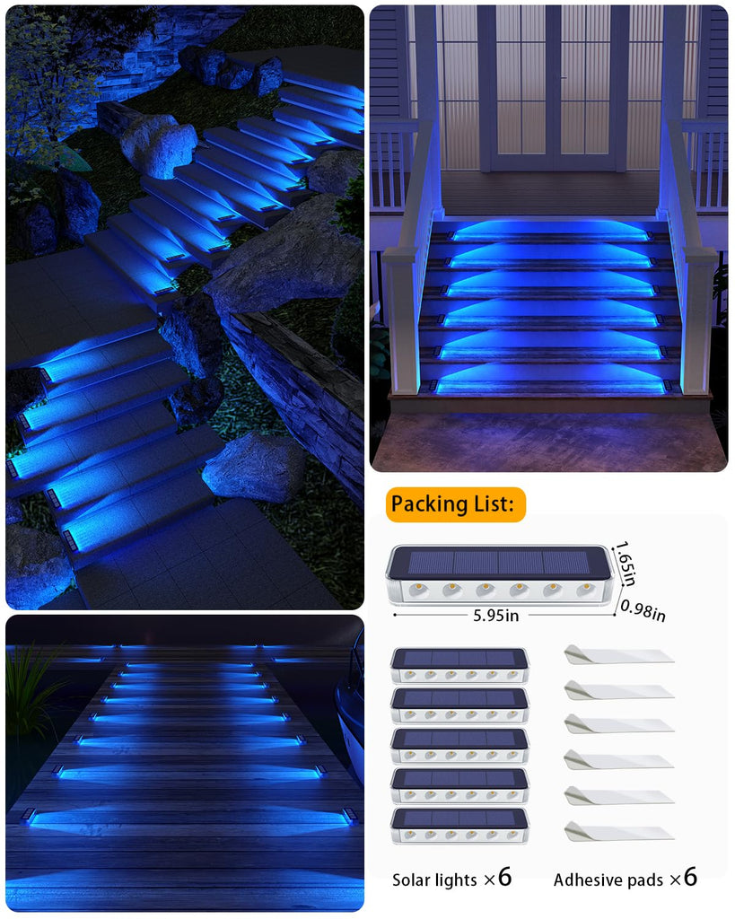 Blue Solar Step Lights for Outside IP68 Waterproof Led 6 Pack