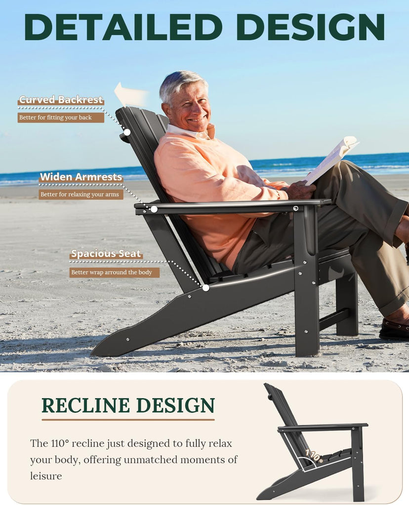 Oversized-Adirondack-Chairs Set of 2 | HDPE | All Weather | Black | 400lbs Maximum Weight Limit, Plastic Fire Pit