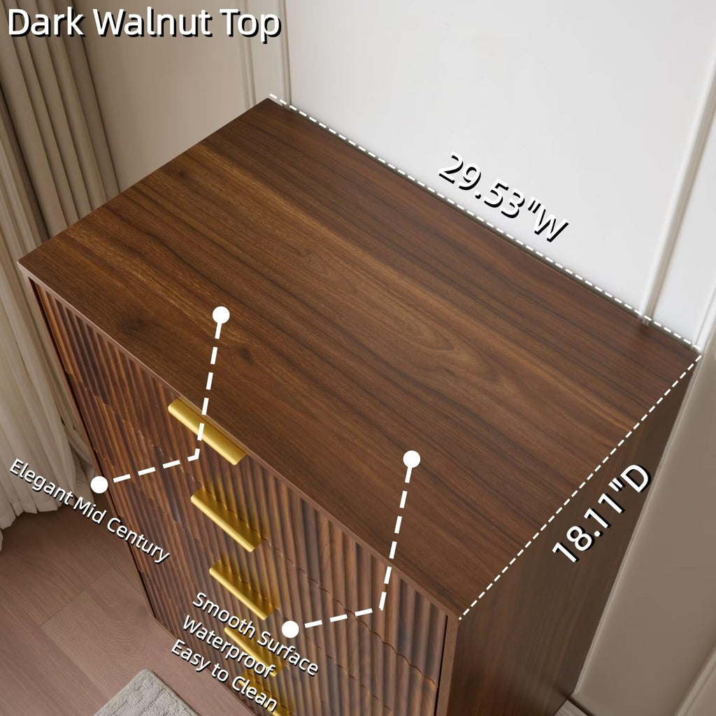 48" Tall 5 Drawers, Walnut Chest of Drawers Gold Handle