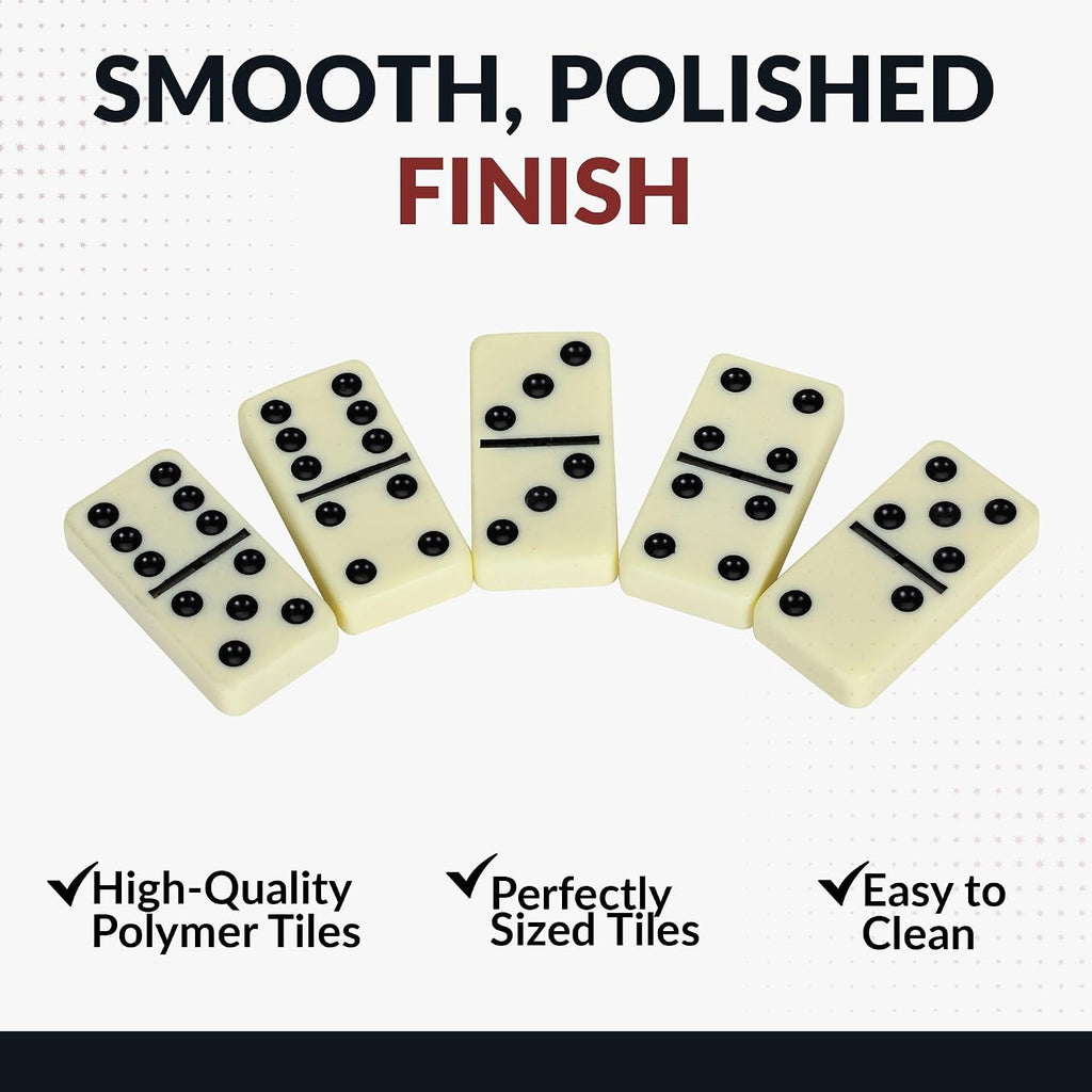 Premium Dominos Set - with Wooden Carry Case, 28 Double-Six Ivory Dominoes with Black Pips, Felt-Lined Walnut Case &