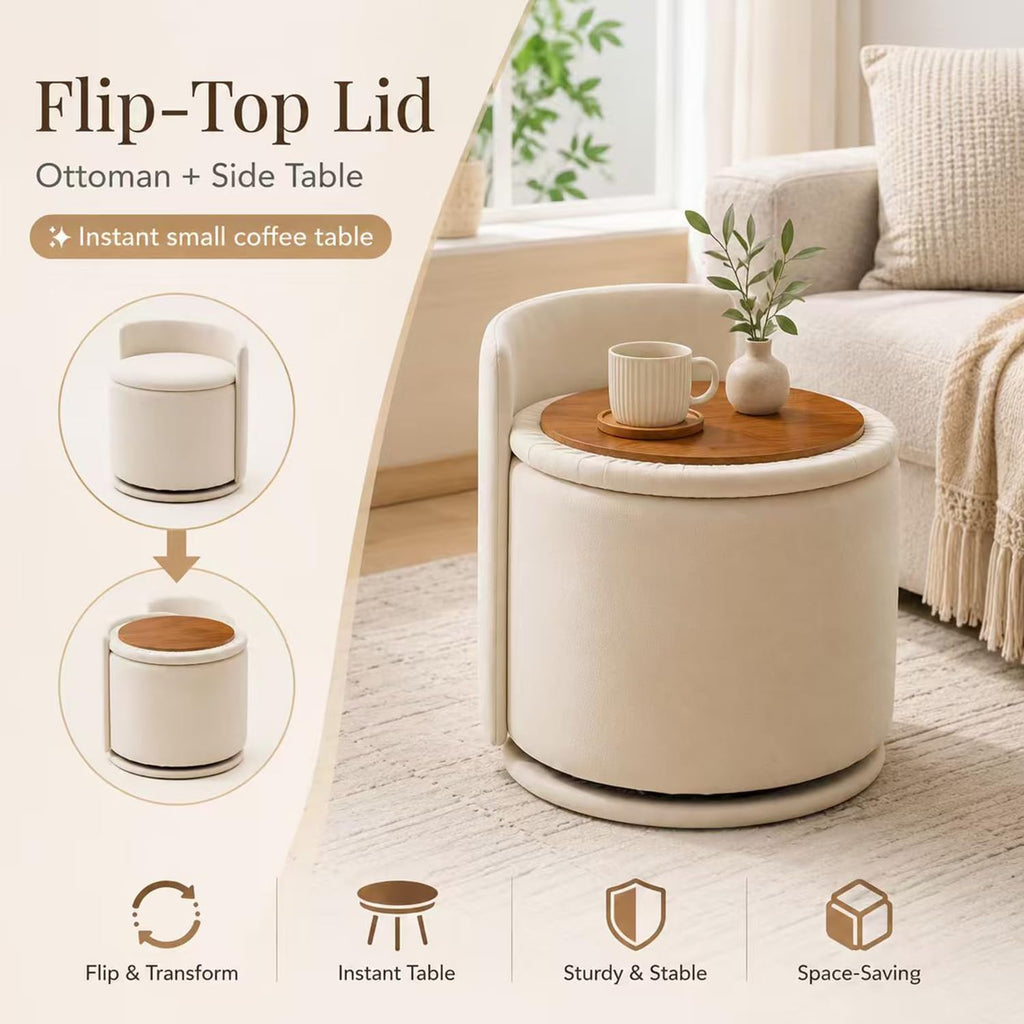 Velvet Ottoman with Storage and Back 360°Swivel Makeup Chair 17" D x 17" W x 20" H Multipurpose Soft Seat Ottoman