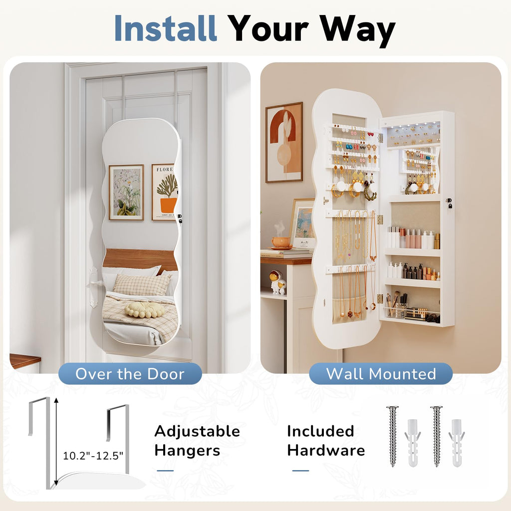 Wavy Mirror Jewelry Cabinet, Hanging Jewelry Organizer, White
