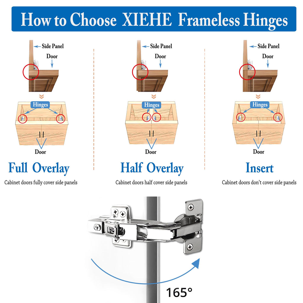 165 Degree Soft Close Inset Frameless Hinges 10 Pack, Cabinets Door Brushed Nickel Flush Mount Clip-on Hinge