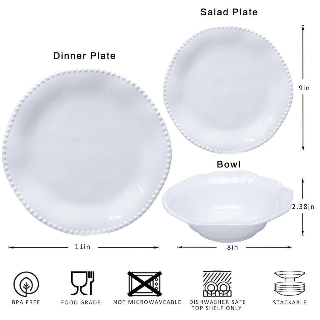 18 Piece Beaded Melamine Dinnerware Sets, Perlette White Plate and Bowl Set