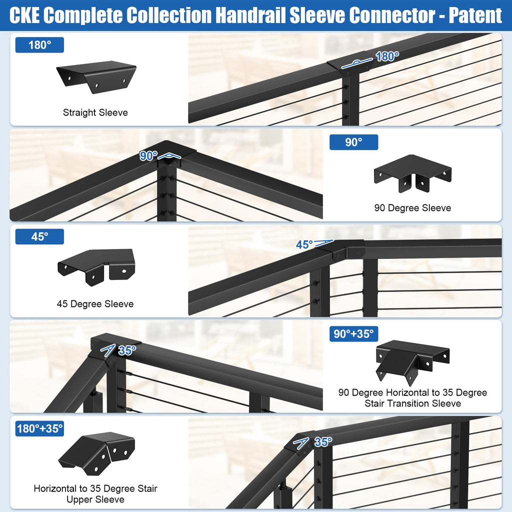 Flat Handrail Accessories, Aluminum Black Corner Connector for Handrail, 45 Degree Sleeve for Deck Cable Railing Post