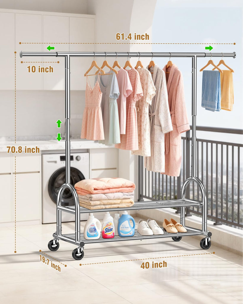 Rolling Clothes Rack Heavy Duty Clothing Rack with 2 Shelves, Silver