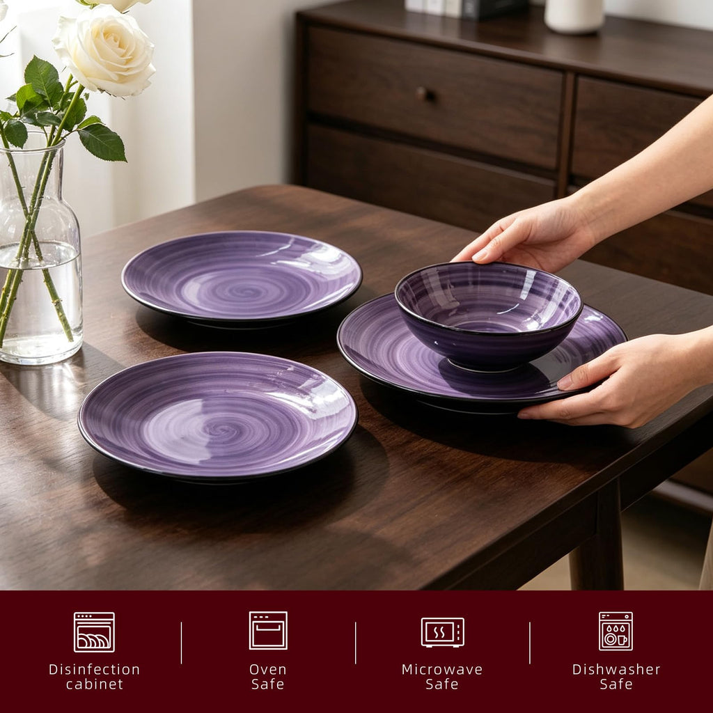 Stoneware Dinnerware Set, Sonoma 18 Piece Service for 6, Black & Speckled Purple Spinwash Plates and Bowls, Microwave