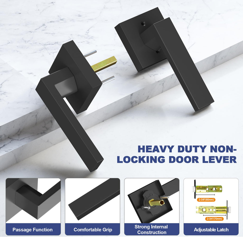 Passage Door Lever, 8 Pack Matte Black Interior Door Handles and Closet, Heavy Duty Square Interior Keyless Door