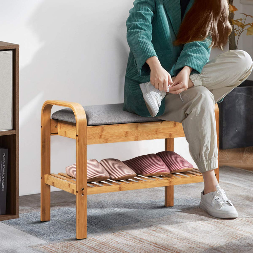 Bamboo Entryway Shoe Bench, 2 Tier Sturdy Shoe Rack with Flip Top Storage Space and Padded Cushion, Compact Shoes
