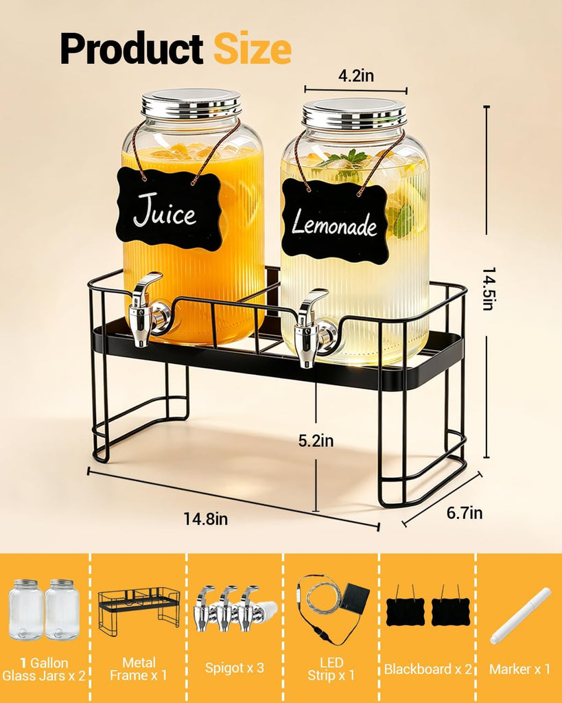 Drink Dispensers for Parties, 2 Pack 1 Gallon Glass Jars with LED Stand - Set of 2