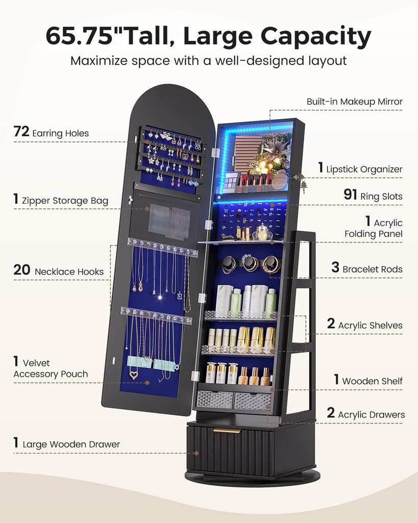 Arched Jewelry Cabinet with RGB Full-Length Mirror and Storage