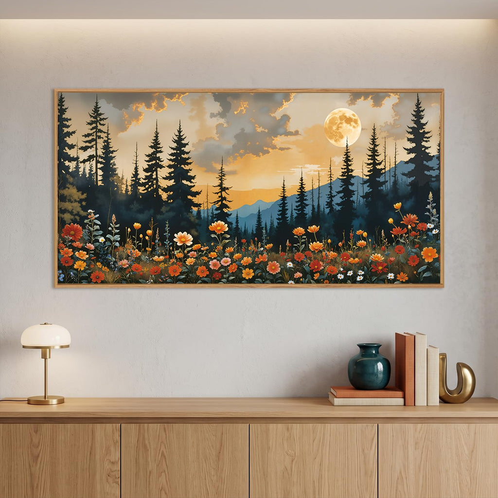 Mountain Wildflower Landscape Framed Canvas Wall Art Set, Vintage Moon Pine Tree Wall Decor, Rustic Forest Art