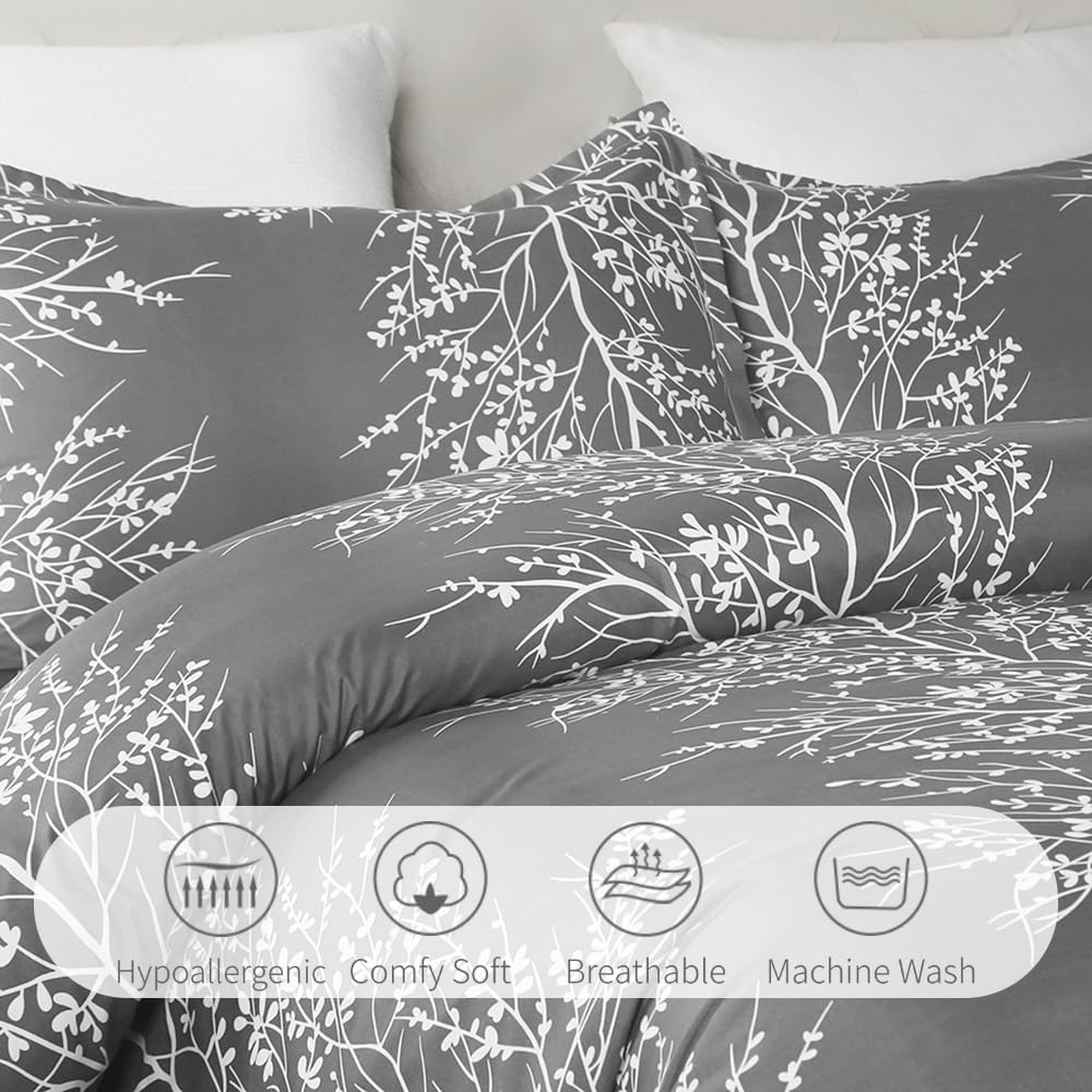 Lightweight Cooling Microfiber Duvet Cover Queen, Grey and White Floral Branches Print Pattern All Season, 3-Piece