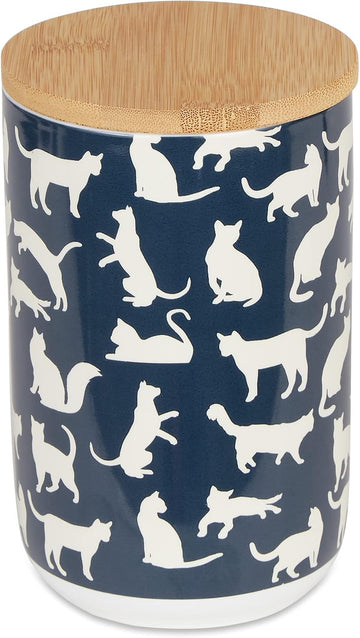 Ceramic Treat Jar for Cats and Dogs, Bamboo Lid, Dishwasher Safe Canister, 4x6.5", Navy, Cat Treats