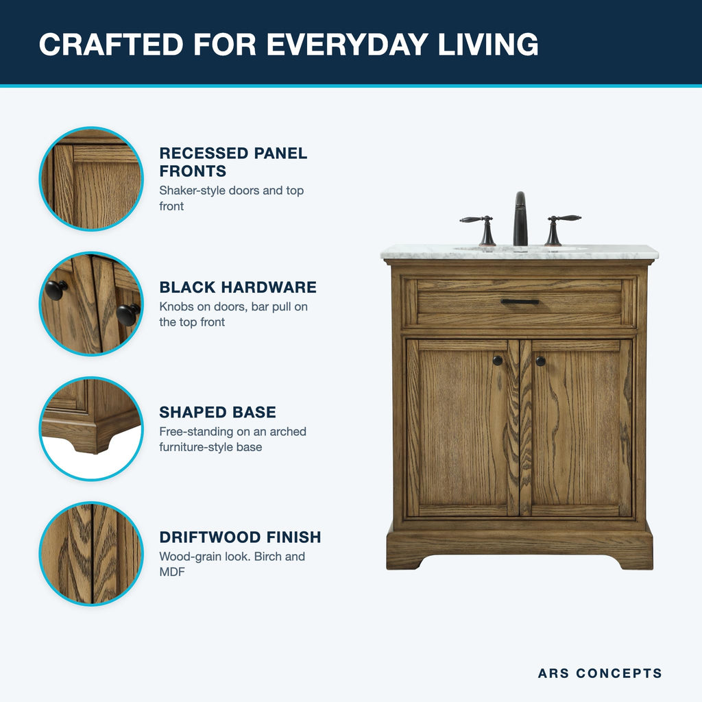 Comet 30" Pre-Assembled Bathroom Vanity with Sink, Solid Birch and MDF, Carrara White Marble Countertop Included