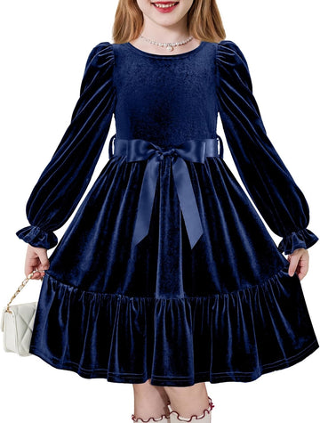 Toddler Velvet Dress Girls Puff Long Sleeve Party Dress with Belt