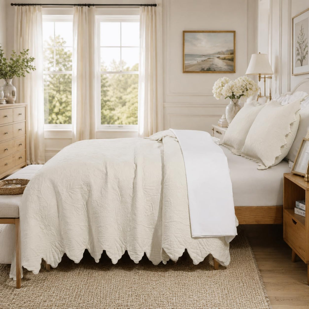 Cotton Quilt Set Scalloped Stitching Matelasse Coverlet 3PC
