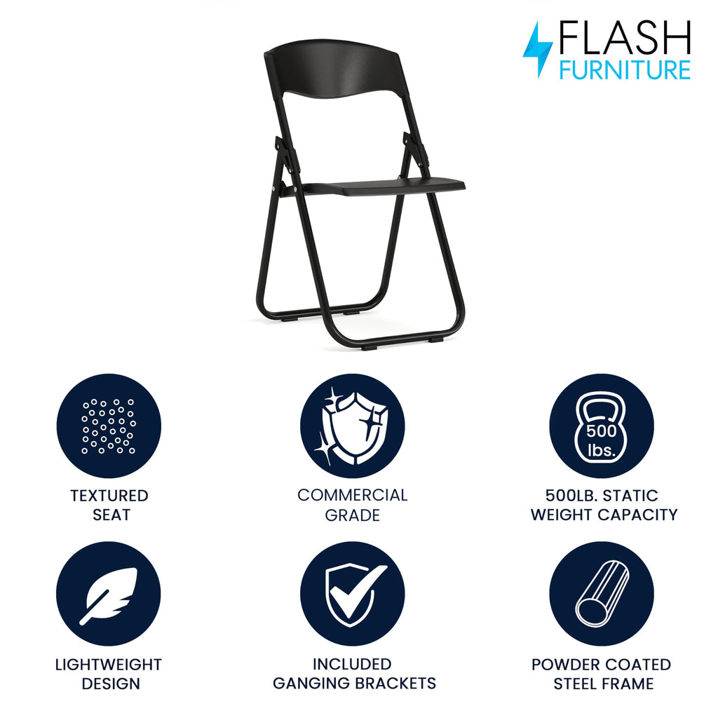 Series 500 lb. Capacity Heavy Duty Black Plastic Folding Chair with Built-in Ganging Brackets