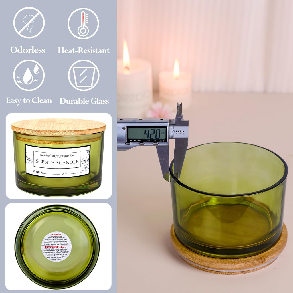 6 Pack 24oz Olive Green Glass Candle Jars with Airtight Bamboo Lids